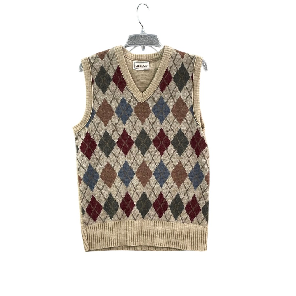 Campus Sweater Vest Mens S Tan Argyle V-Neck Vintage Preppy Sleeveless Knit USA